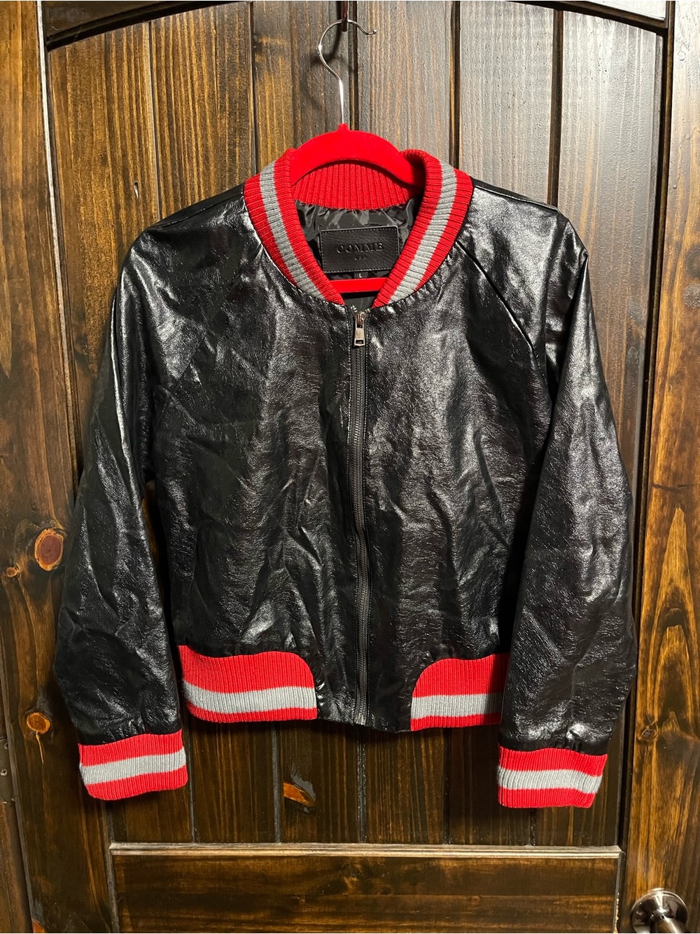 Kids Black Faux Leather Bomber Jacket with Red & Gray Trim